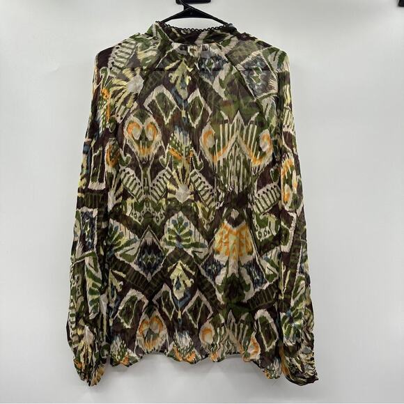 Zara Brown & Green Boho Aztec Print‎ Sheer Long Sleeve Button Down Shirt Size L - Picture 6 of 10